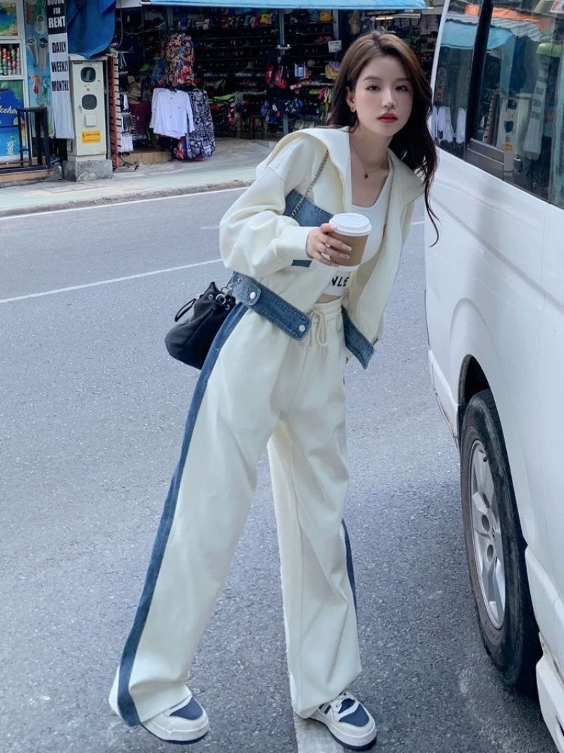 Wide Leg Palazzo Pants - Setelan Sweater Denim Splicing Kasual Sporty