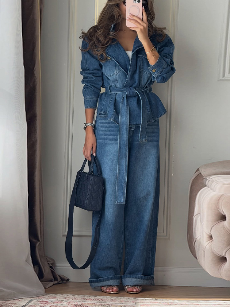 Wide Leg Palazzo Pants - Setelan Celana Panjang dan Mantel Denim