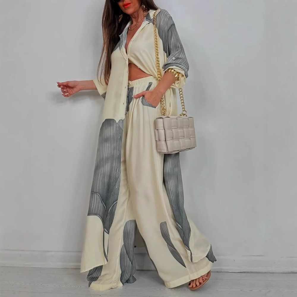 Wide Leg Palazzo Pants - Setelan Wanita Elegan Atasan Kemeja Panjang