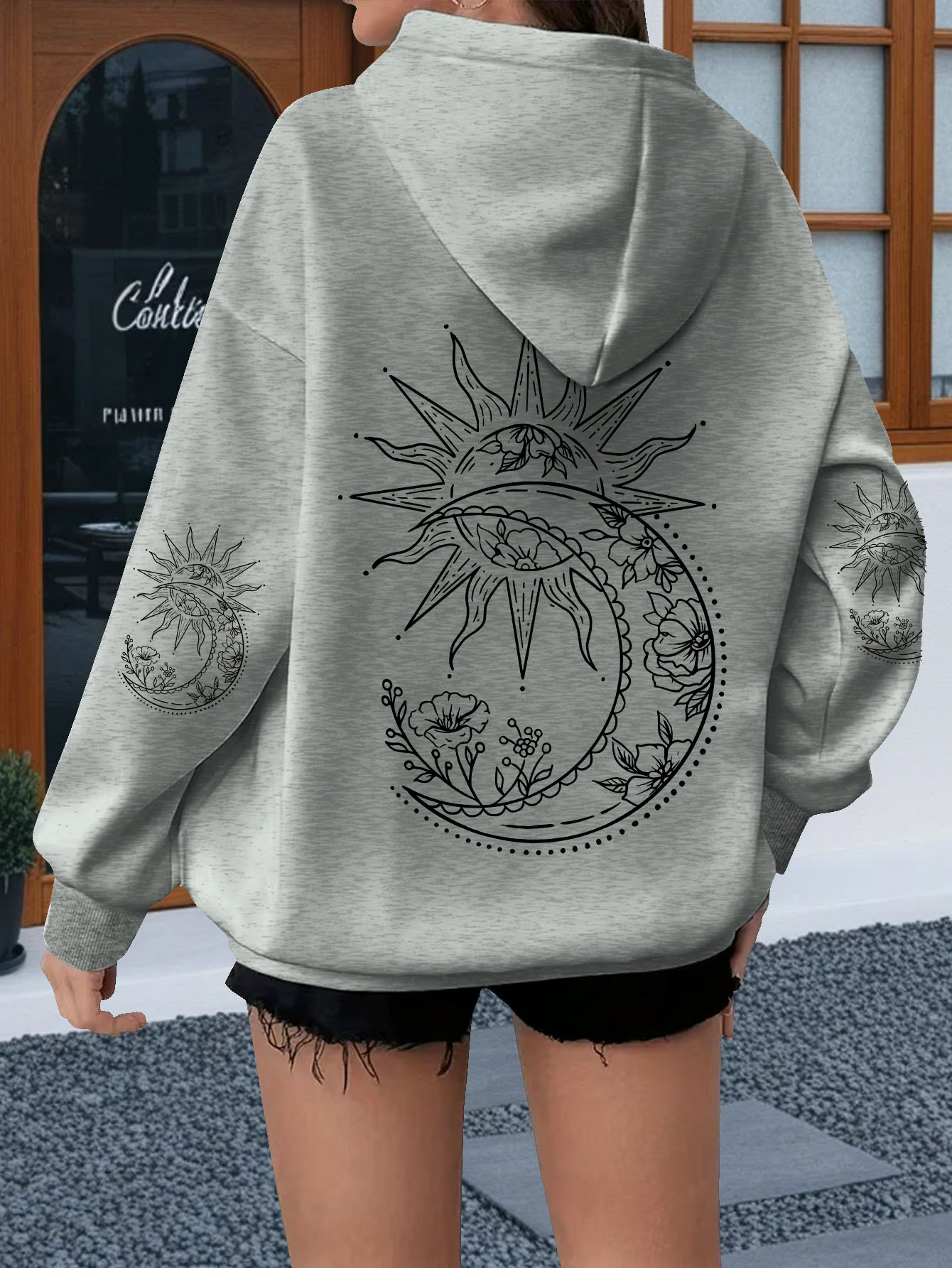 Hoodie Women Oversized - Hoodie Wanita Motif Bunga dan Matahari