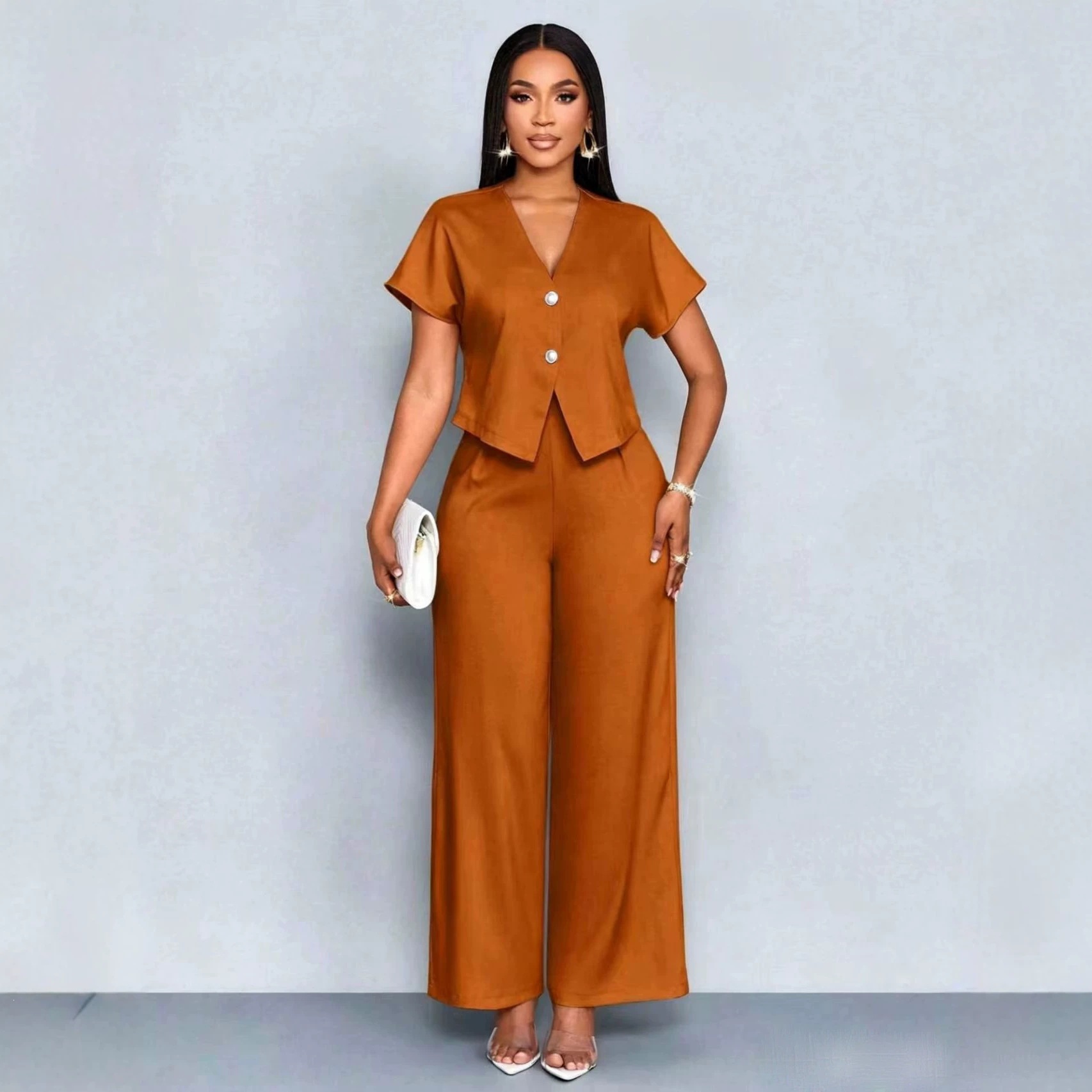 Wide Leg Palazzo Pants - Setelan 2 Potong Elegan Musim Panas