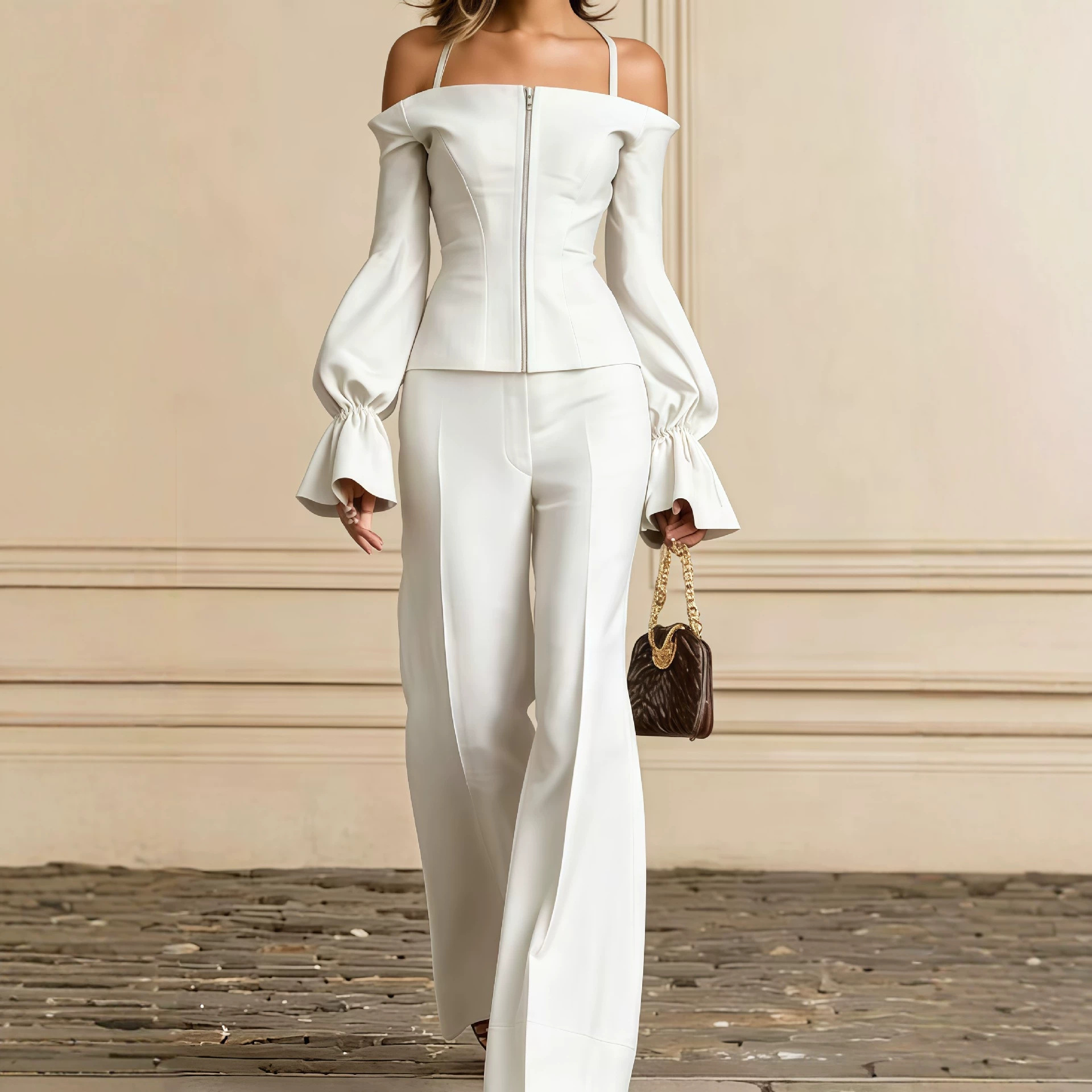 Wide Leg Palazzo Pants - Setelan Celana 2 Potong Wanita, Atasan