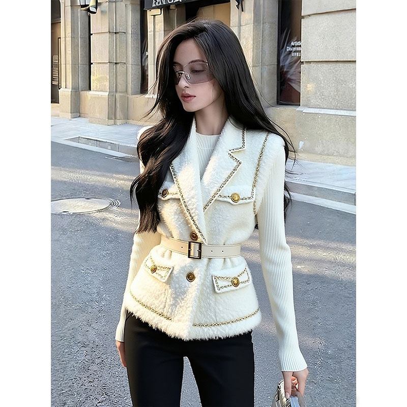 Women Fashion Vest - Jaket Wol Domba Putih dengan Sabuk