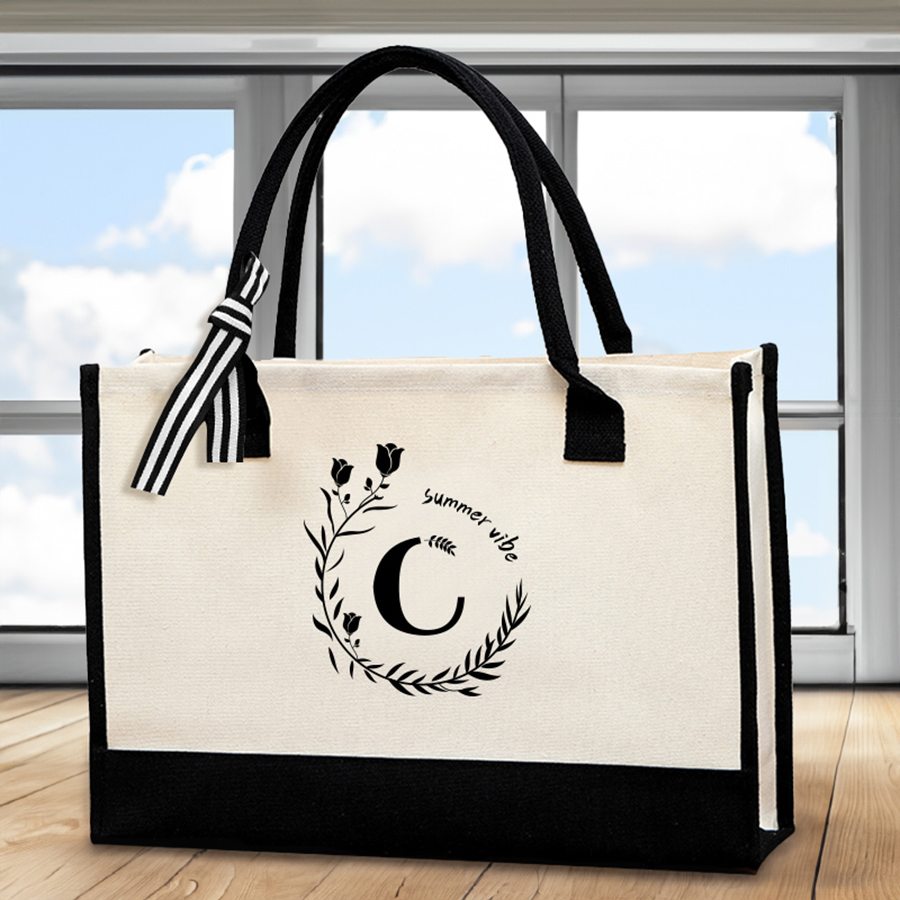 Canvas Tote Bag - Tas jinjing bermotif huruf kulit, tas