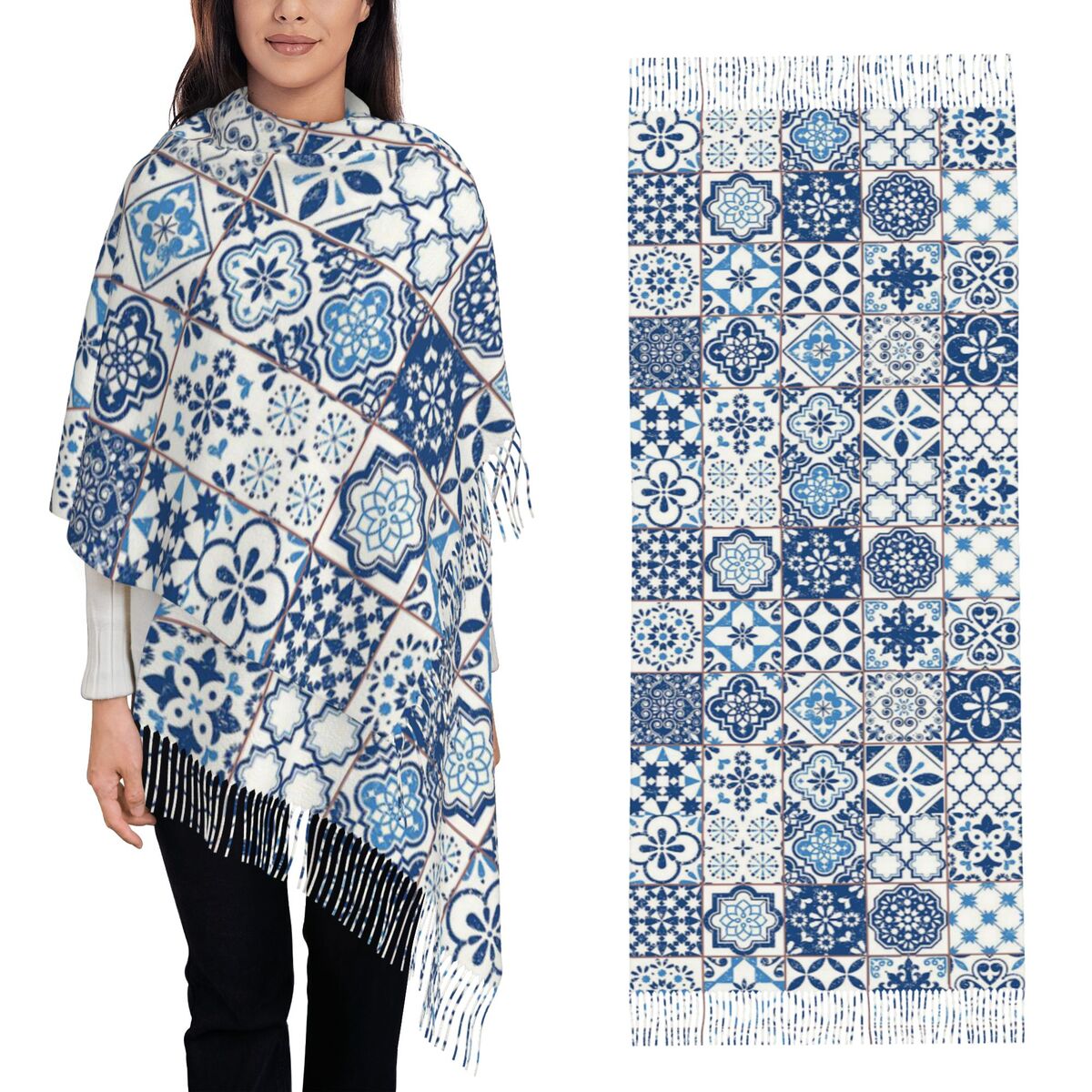 Women'S Fashion Portugal - Selendang Bunga Azulejo Portugis Biru, Selendang