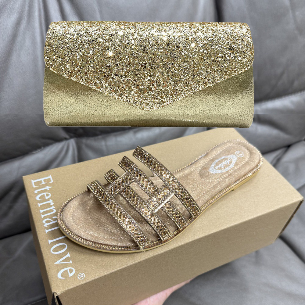 Women Fashion Handbags - Sandal Musim Panas Berhias Rhinestone Perunggu