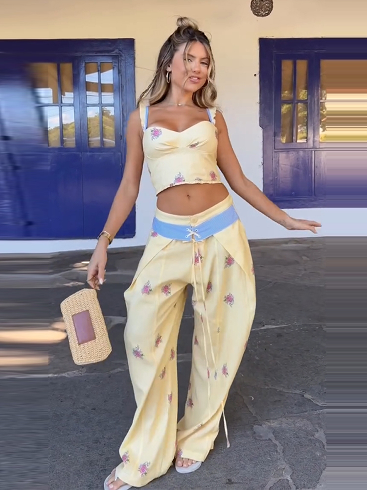 Wide Leg Palazzo Pants - Setelan Celana dan Rompi Wanita Motif