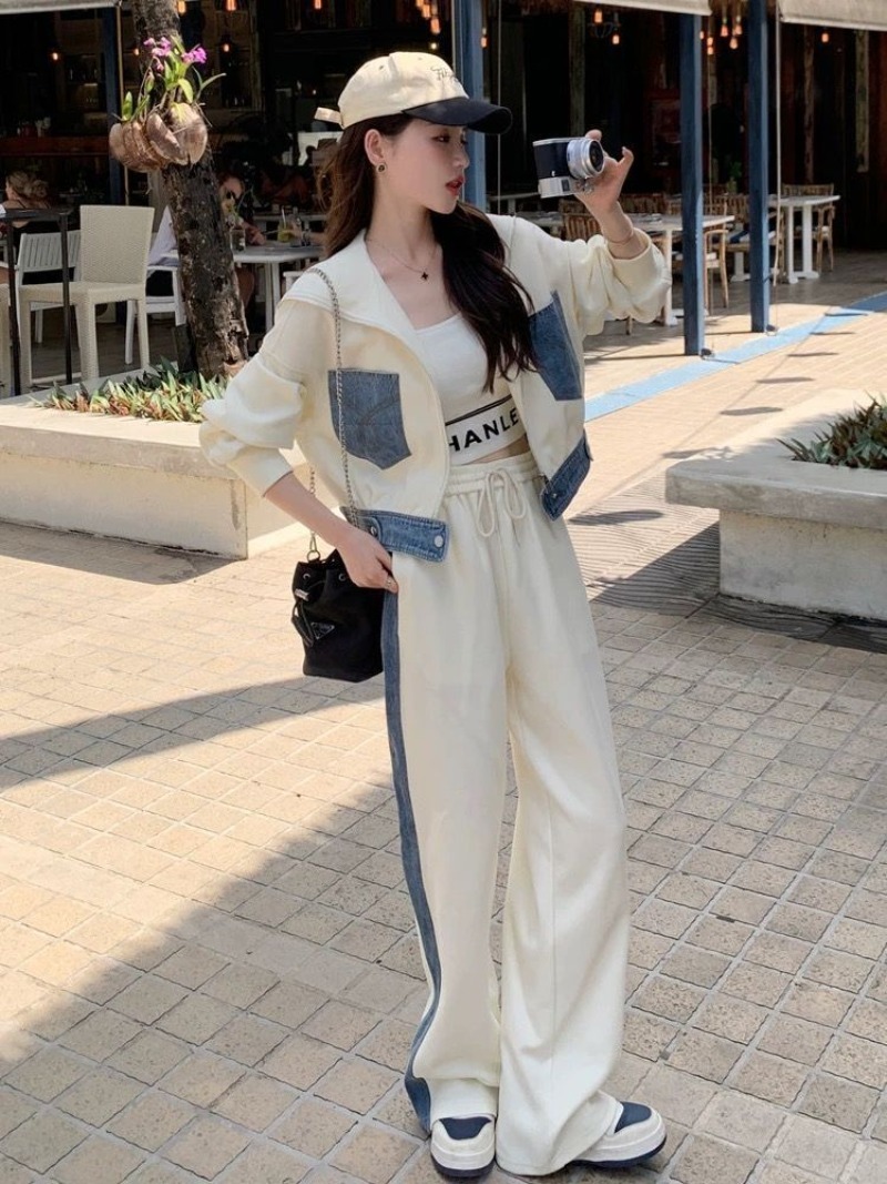 Setelan Sweater Denim Splicing - Wide Leg Palazzo Pants ulasan dan harga