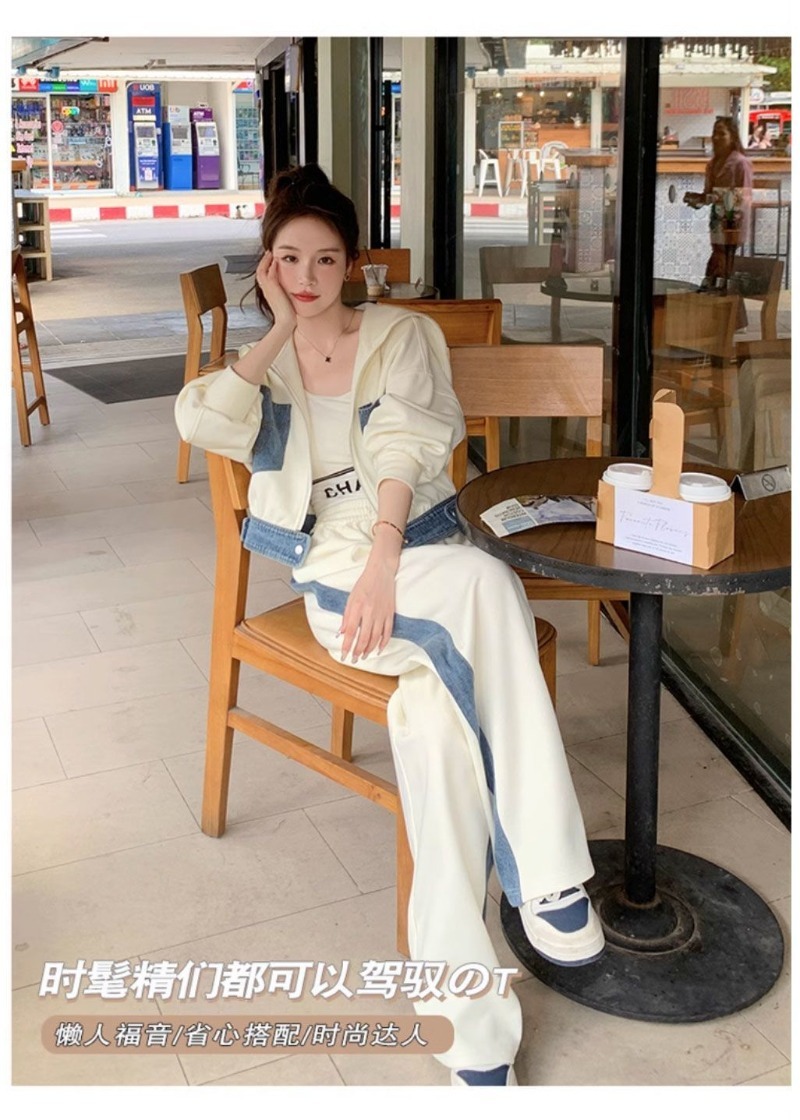 Setelan Sweater Denim Splicing - Wide Leg Palazzo Pants ulasan dan harga