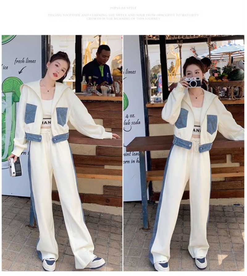 Setelan Sweater Denim Splicing - Wide Leg Palazzo Pants ulasan dan harga