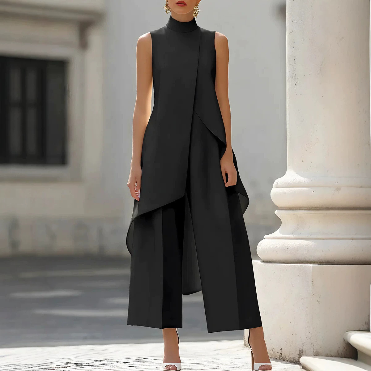 Setelan Wanita Berkerah Tinggi - Wide Leg Palazzo Pants ulasan dan harga